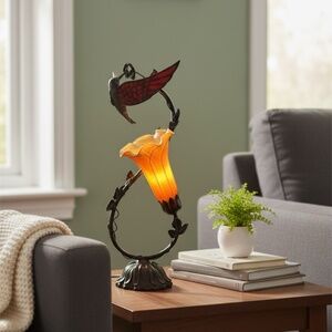 Art Nouveau Style Hummingbird Accent Lamp - Lily Glass Shade - Vintage Reproduct